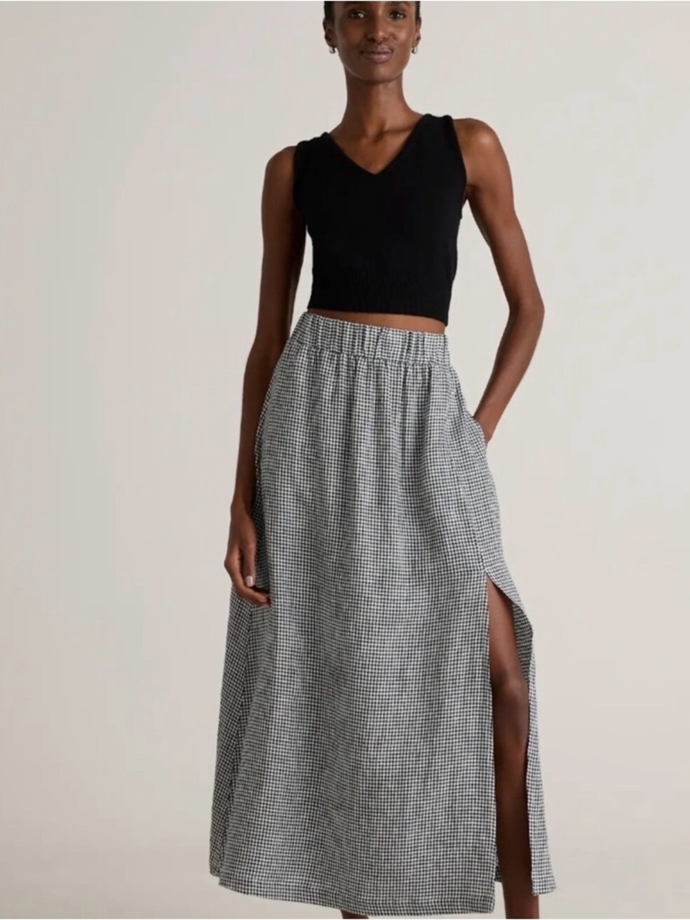Quince Black & White Gingham Maxi Skirt with Side Slit